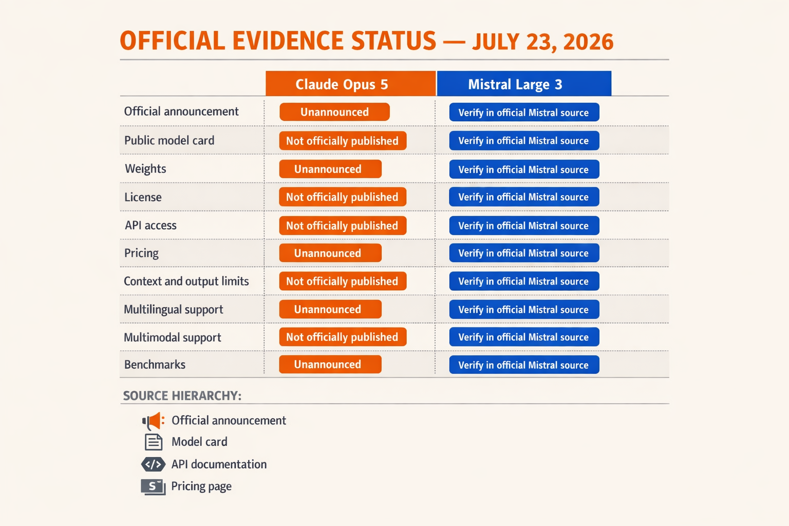 A rigorous evidence-status matrix titled OFFICIAL EVIDENCE STATUS — JULY 23, 2026 with two columns labelled Claude Opus 5