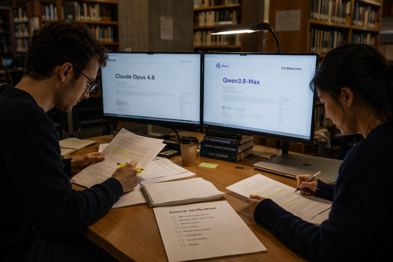 An editorial scene inside a quiet AI research library where two analysts independently verify model announcements on large