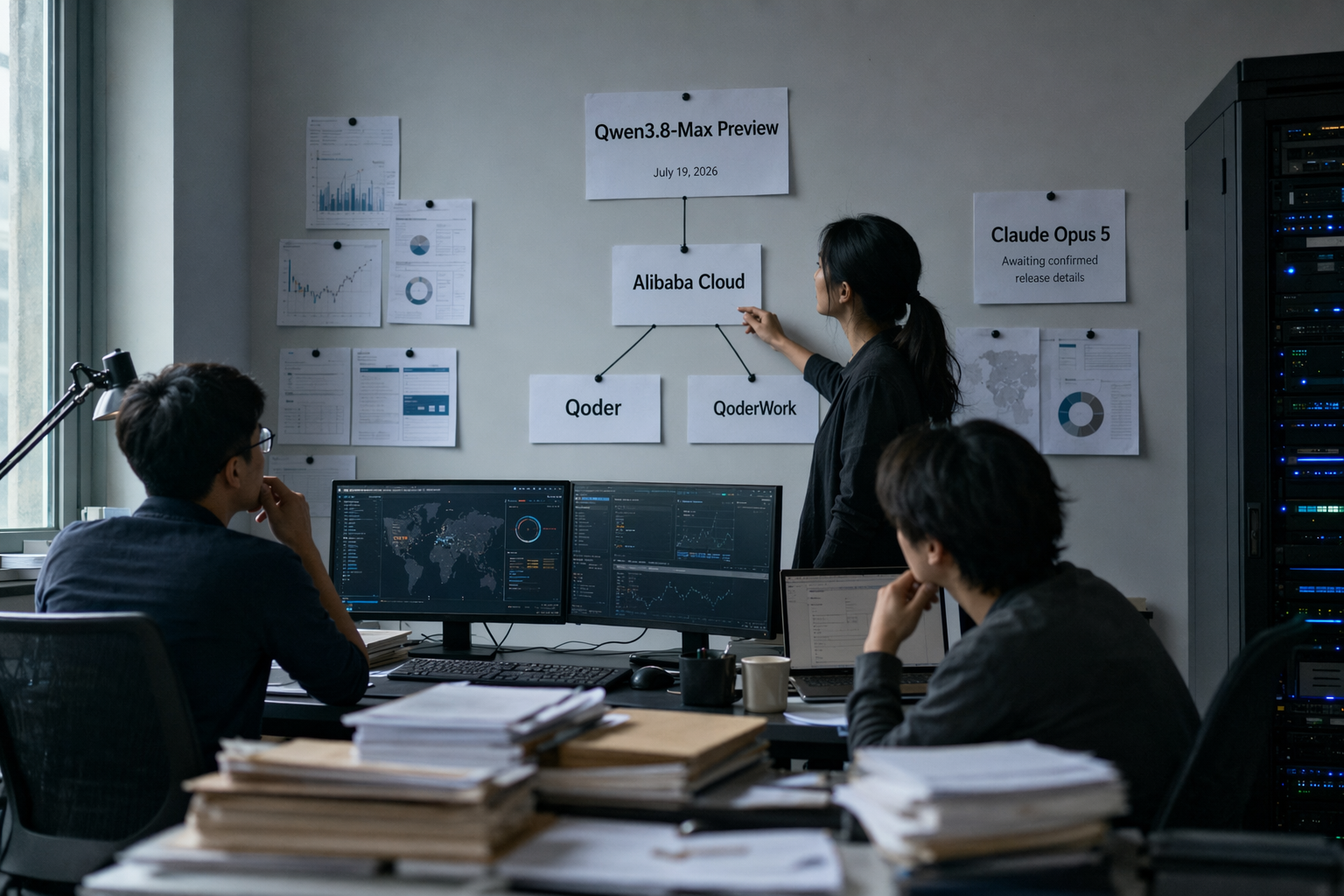 A wide newsroom-style AI research lab where analysts assemble a chronological evidence wall