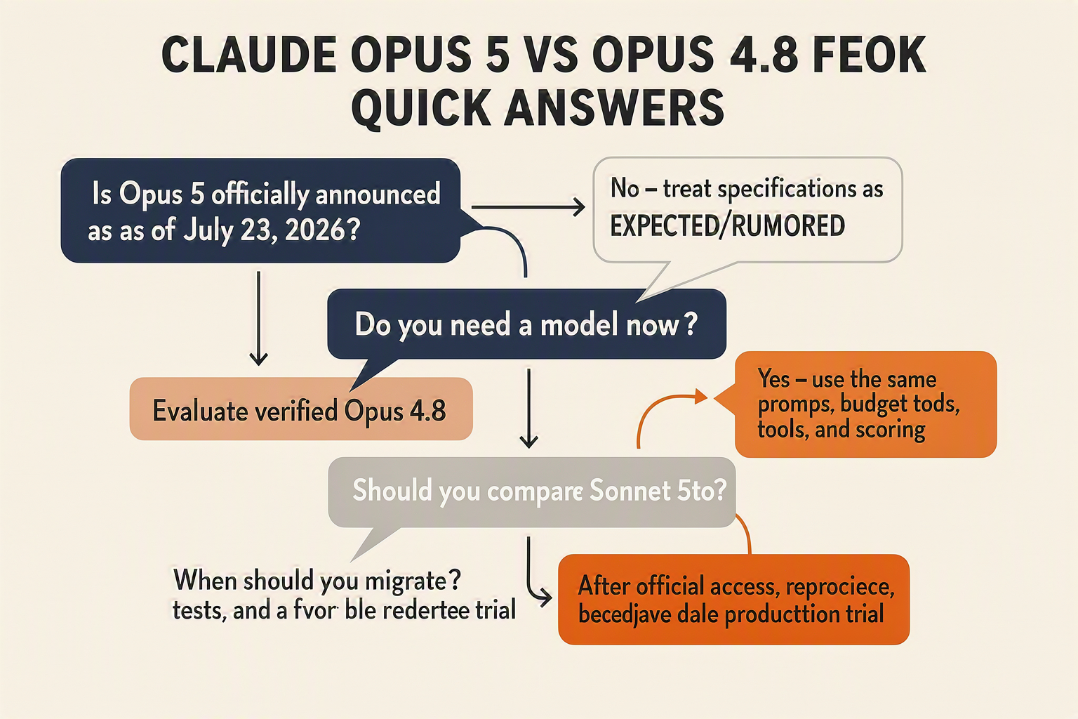 A structured FAQ decision-tree infographic headed CLAUDE OPUS 5 VS OPUS 4.8 — QUICK ANSWERS