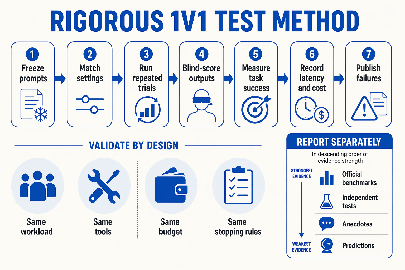 A detailed seven-stage evaluation pipeline running horizontally across a bright laboratory-style canvas