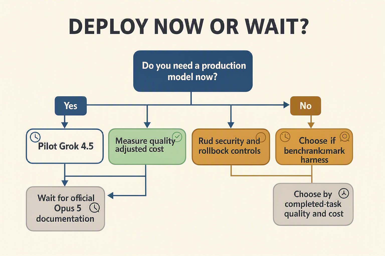 A branching decision tree titled DEPLOY NOW OR WAIT?