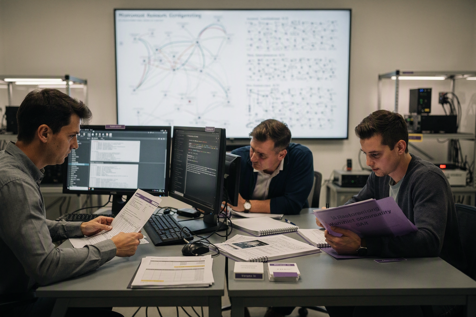 Depict an independent AI evaluation lab where researchers review model claims across several workstations