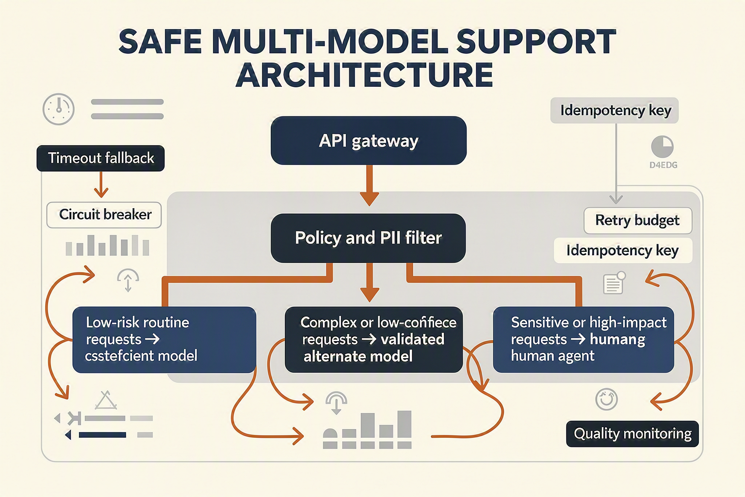 A production routing blueprint titled SAFE MULTI-MODEL SUPPORT ARCHITECTURE