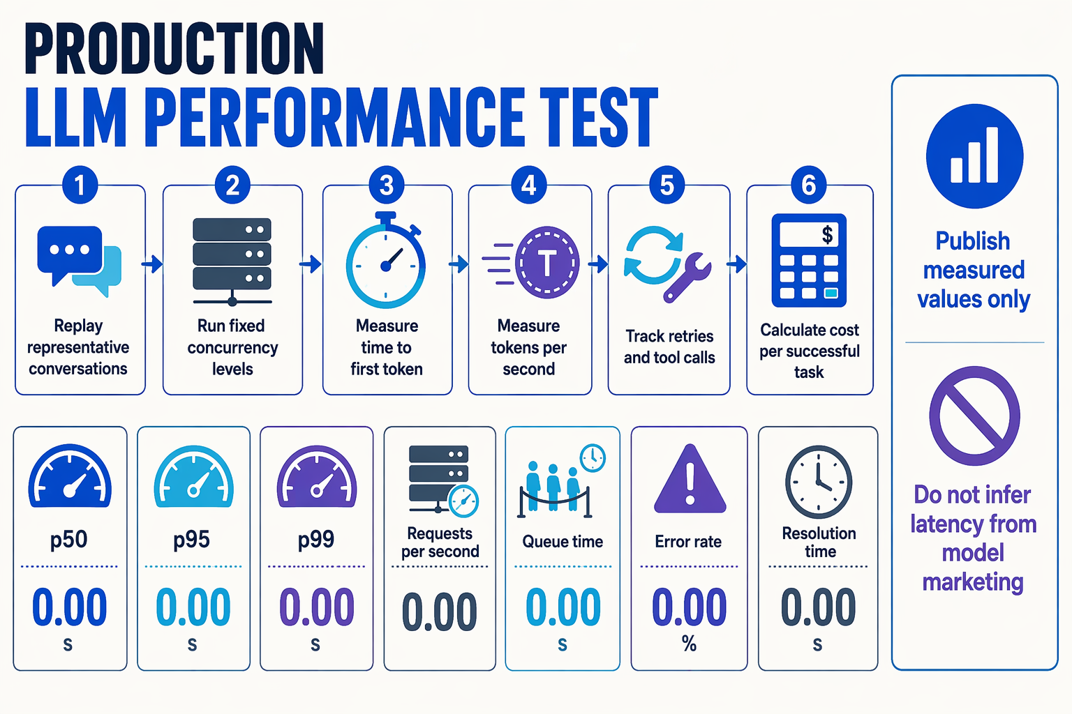 A detailed laboratory-style benchmark workflow titled PRODUCTION LLM PERFORMANCE TEST arranged as six connected stages:
