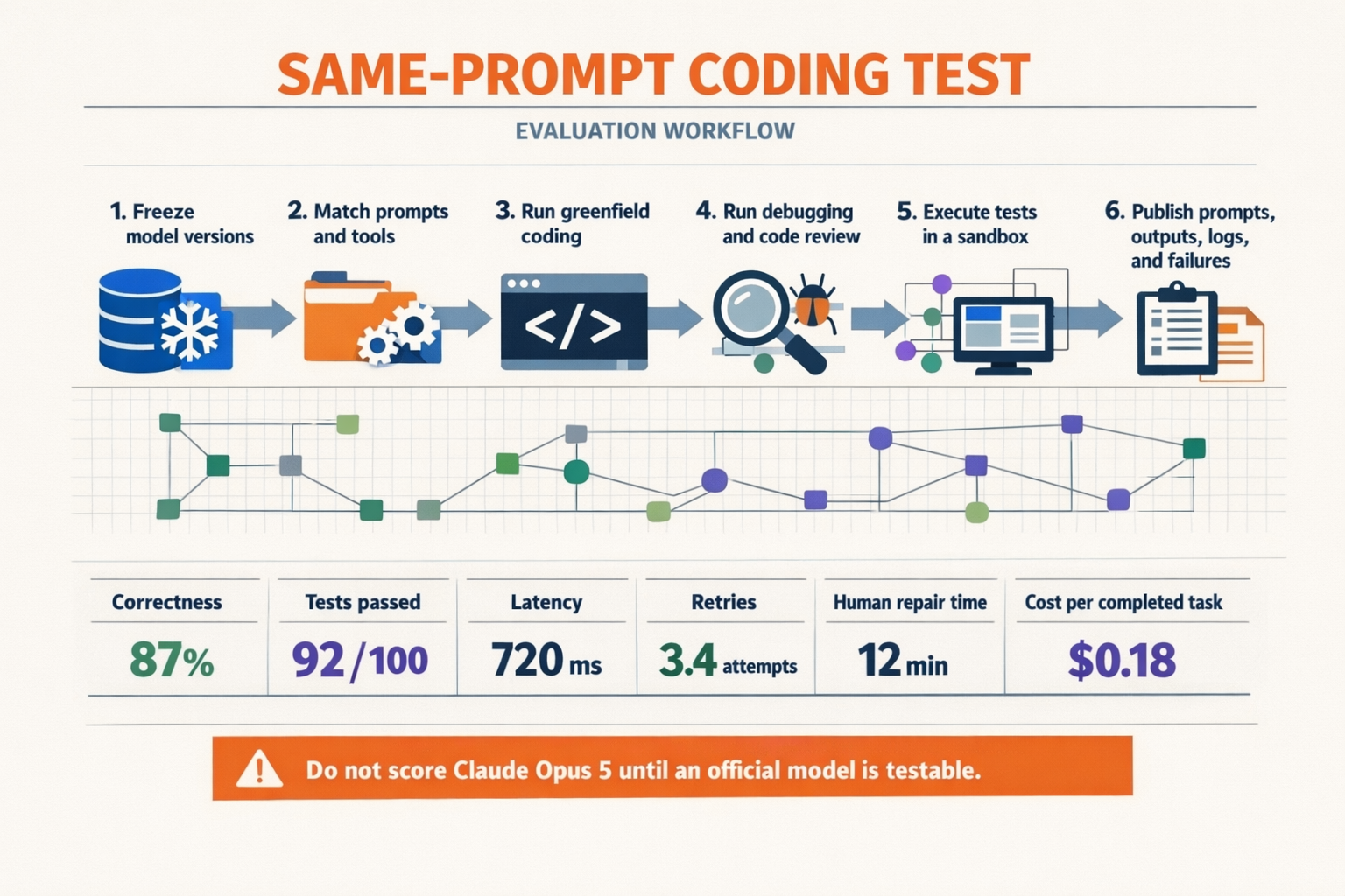 A reproducible coding-evaluation workflow titled SAME-PROMPT CODING TEST arranged as six connected stages: 1
