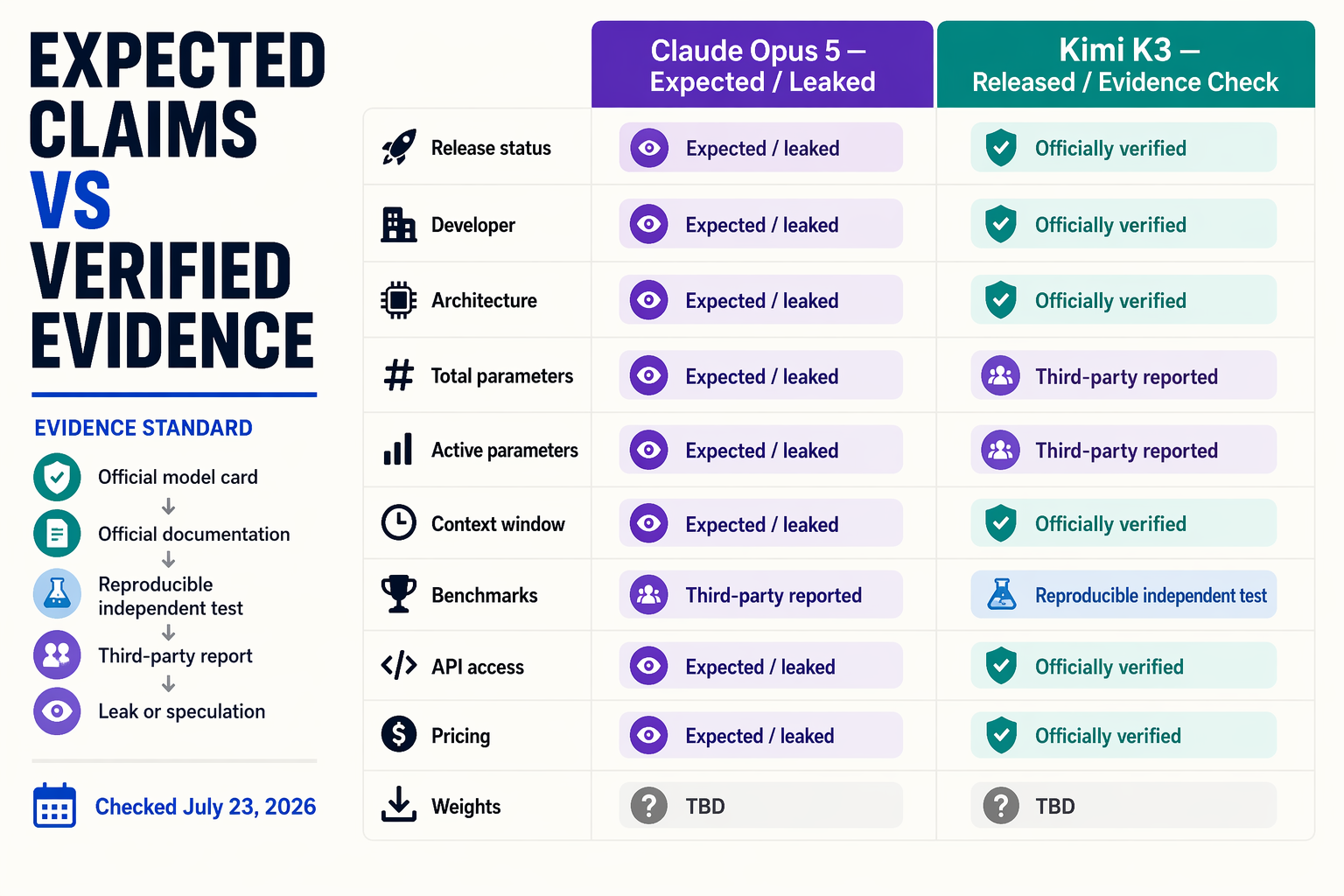 Design a clean evidence-ledger infographic titled EXPECTED CLAIMS VS VERIFIED EVIDENCE as a two-column matrix