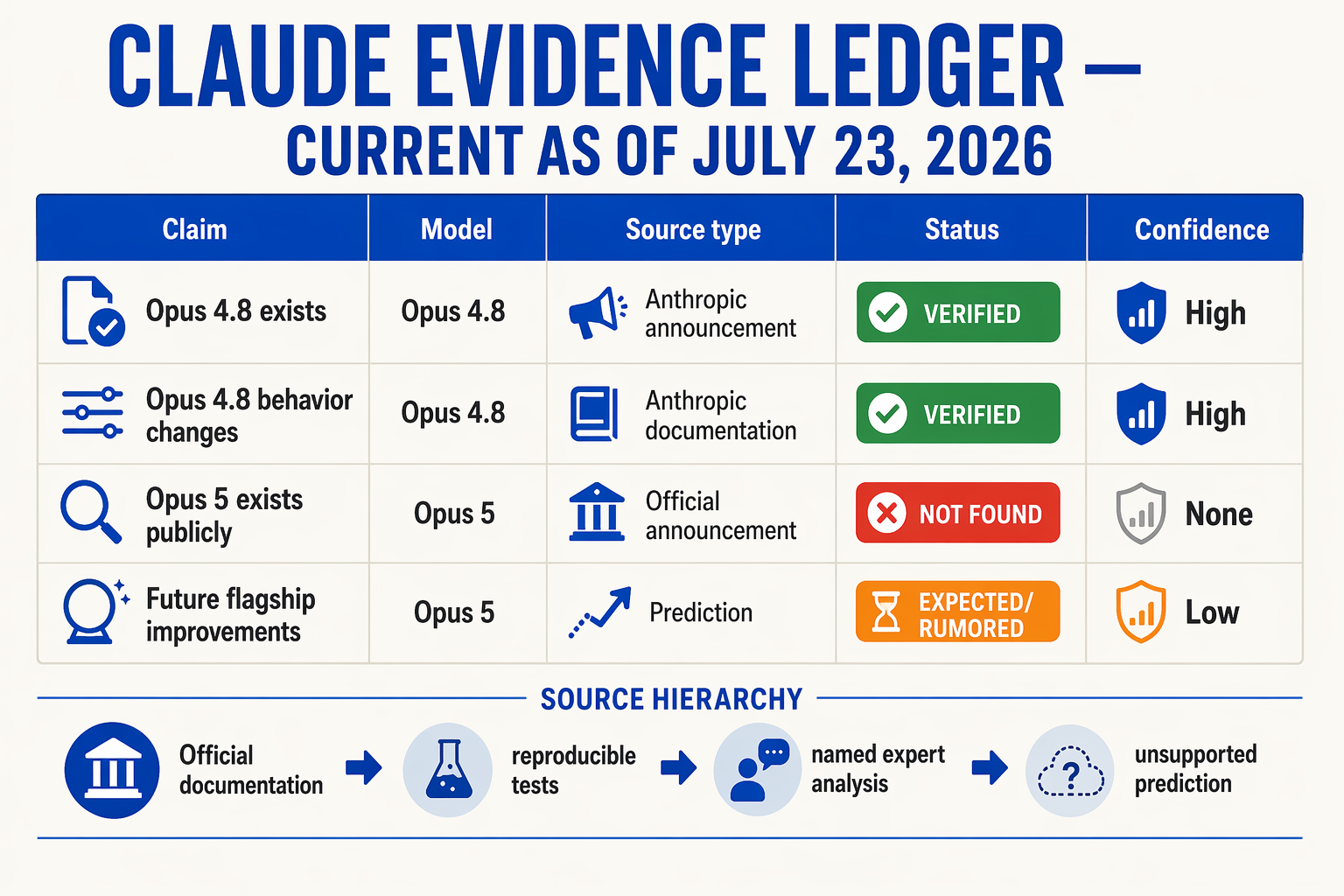 An editorial evidence-ledger infographic formatted as a precise matrix titled CLAUDE EVIDENCE LEDGER — CURRENT AS OF JULY