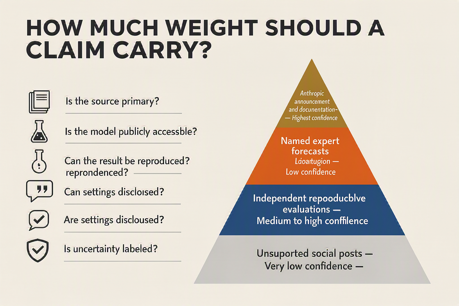 A pyramid-shaped source credibility infographic titled HOW MUCH WEIGHT SHOULD A CLAIM CARRY?
