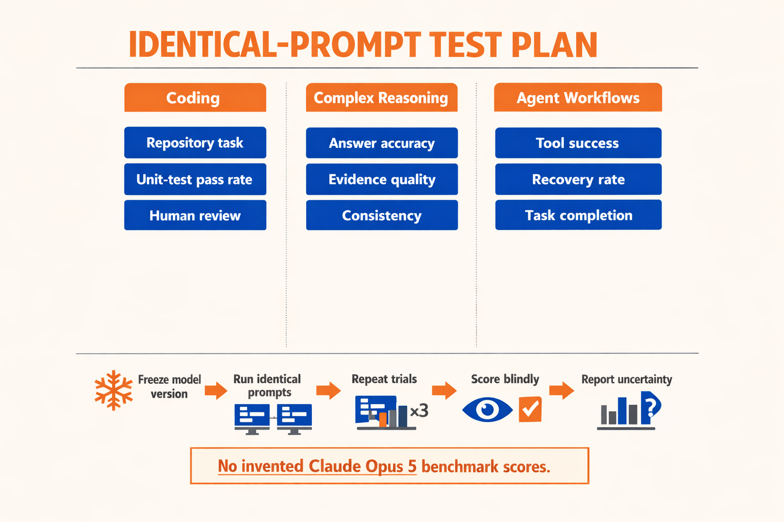 A controlled model-evaluation laboratory infographic titled IDENTICAL-PROMPT TEST PLAN