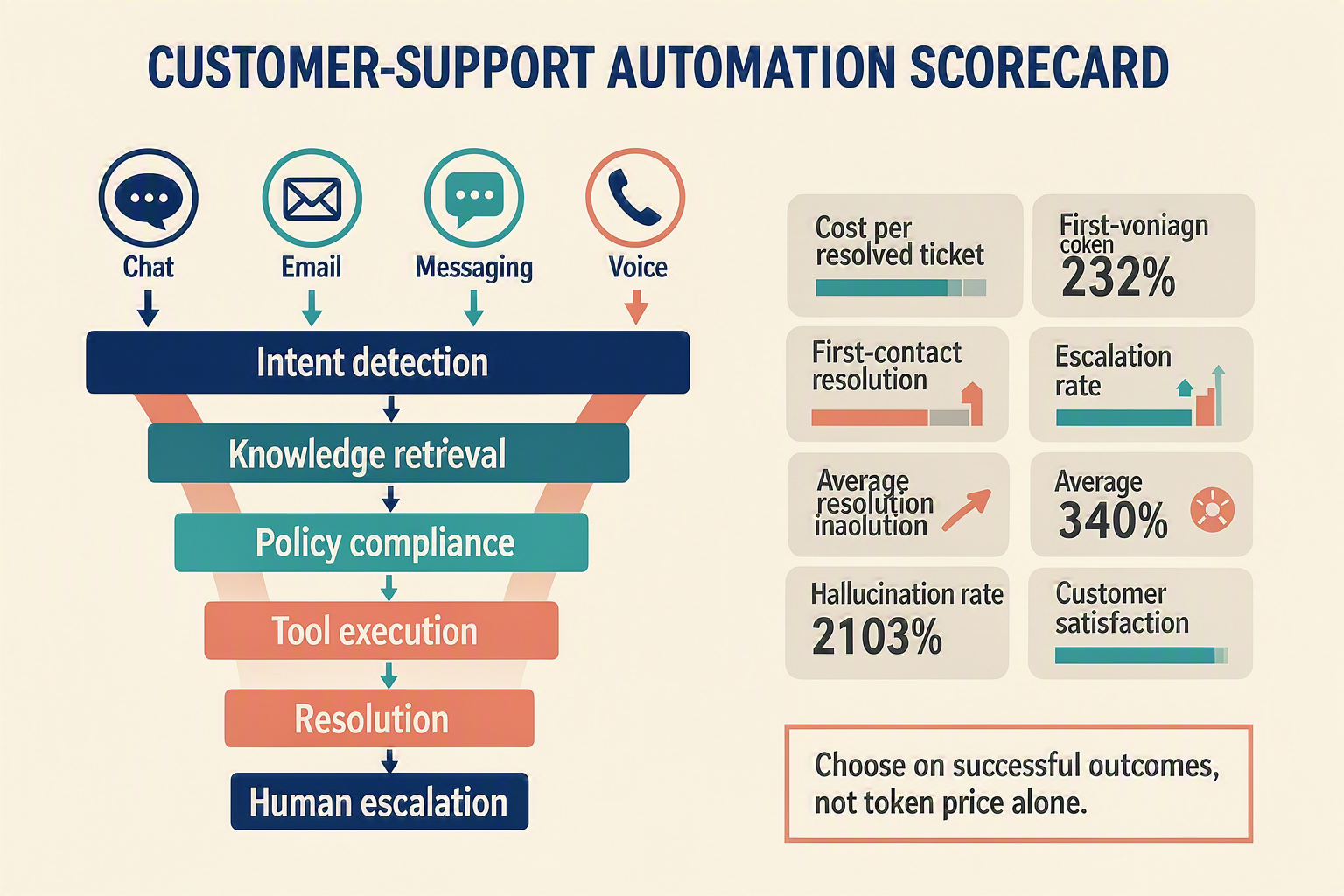 An operations funnel titled CUSTOMER-SUPPORT AUTOMATION SCORECARD