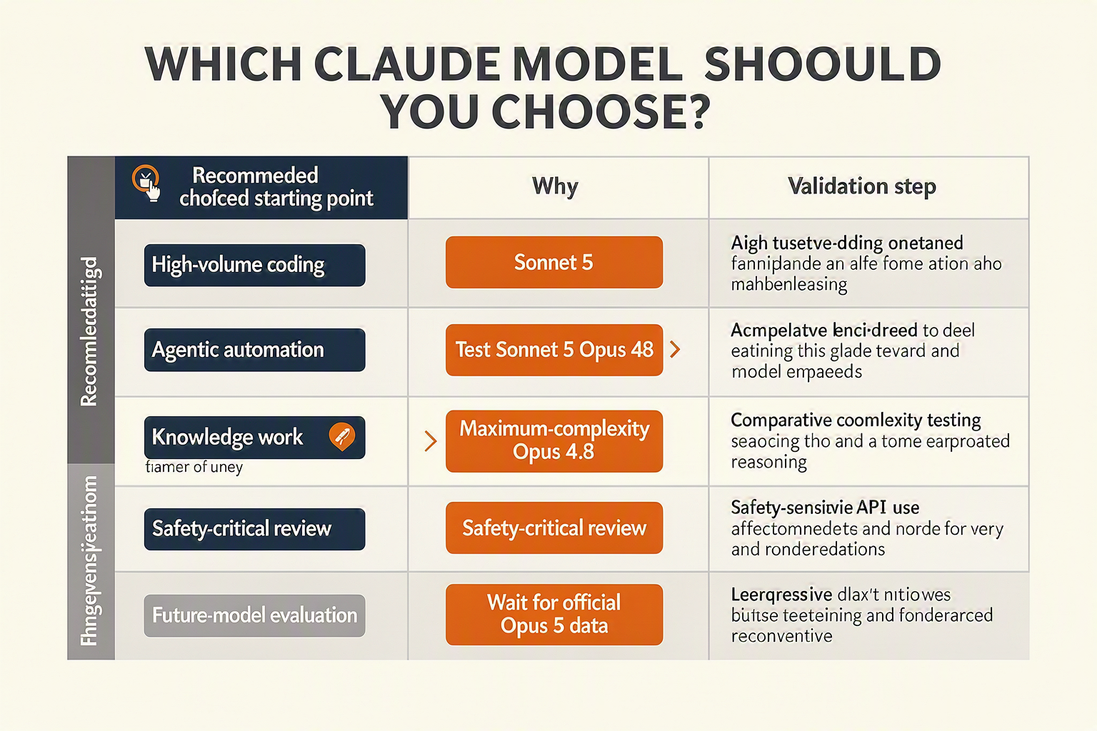 A decision-matrix infographic titled WHICH CLAUDE MODEL SHOULD YOU CHOOSE?