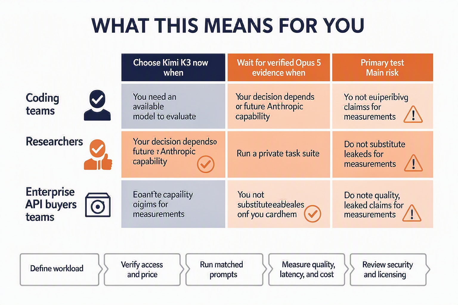Create a decision matrix titled WHAT THIS MEANS FOR YOU with four user rows: Coding teams, Researchers, Enterprise API