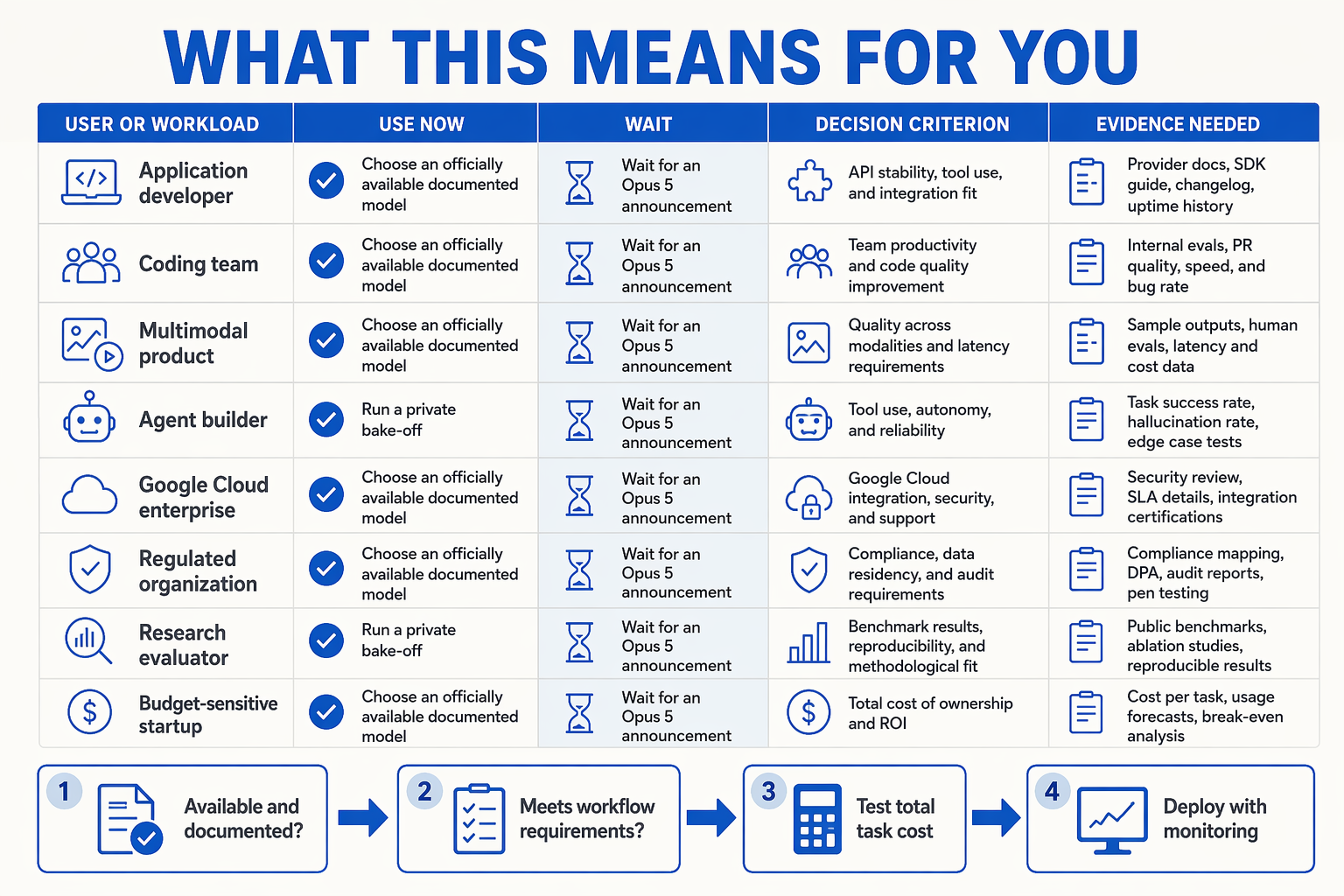A practical decision matrix titled WHAT THIS MEANS FOR YOU with columns User or workload, Use now, Wait, Decision criterion