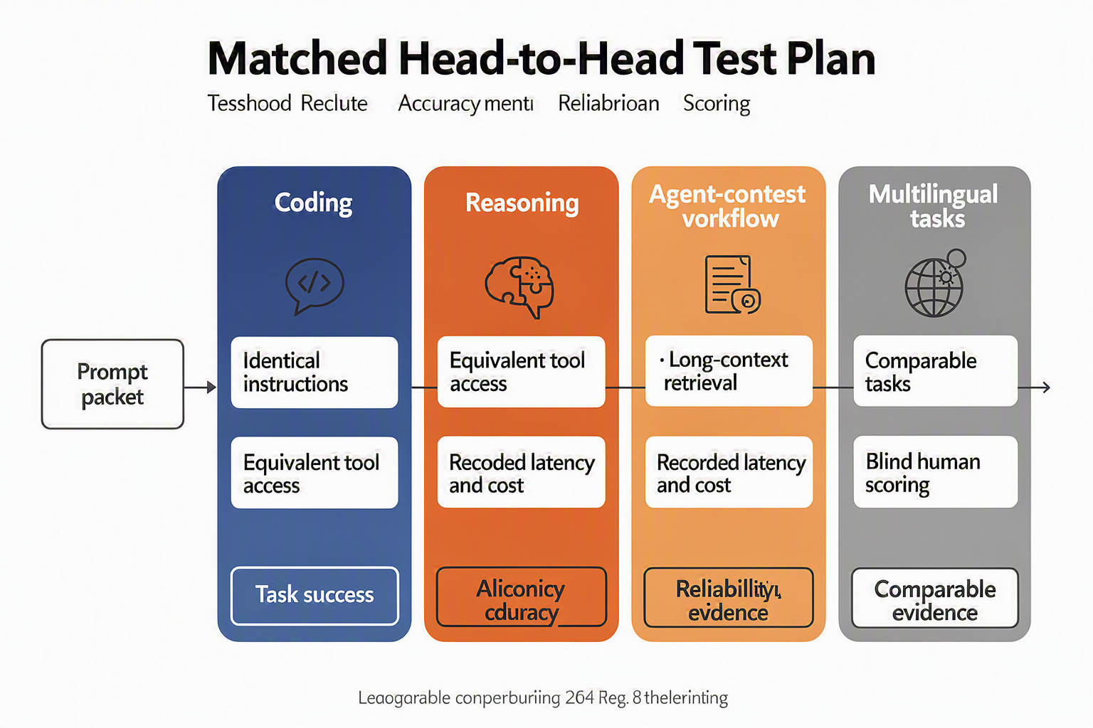 A five-lane evaluation framework titled Matched Head-to-Head Test Plan flowing horizontally through lanes labeled Coding,