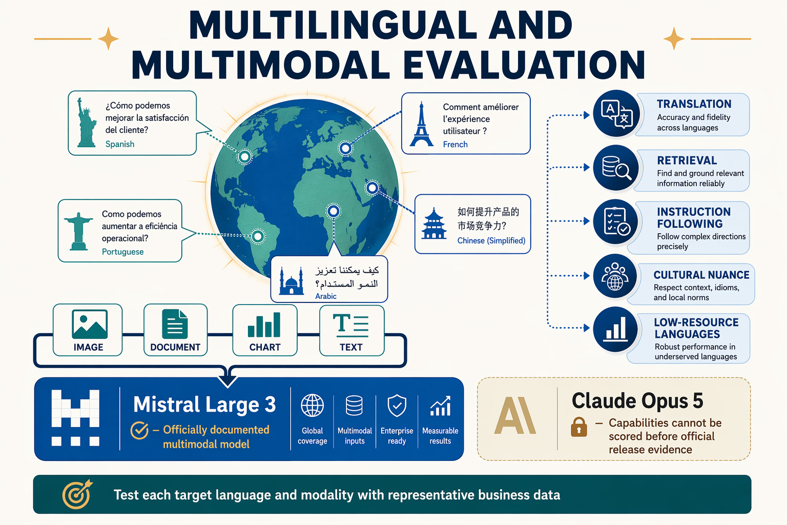 A global capability map titled MULTILINGUAL AND MULTIMODAL EVALUATION centered on an illuminated world globe