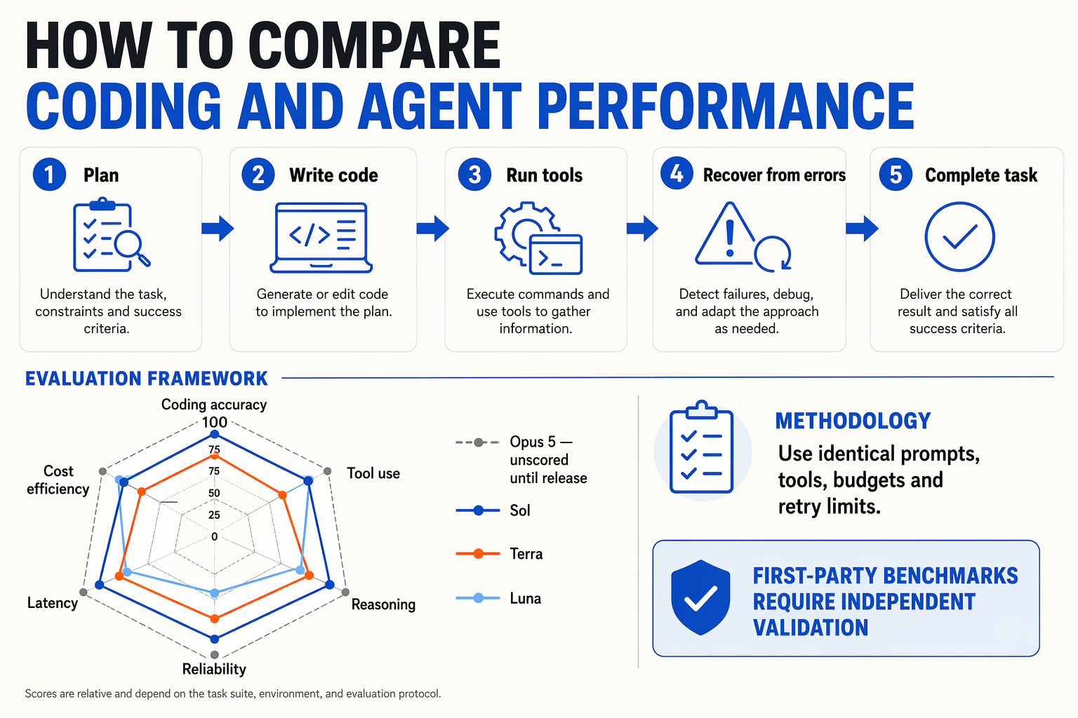 A rigorous multi-stage evaluation infographic titled HOW TO COMPARE CODING AND AGENT PERFORMANCE