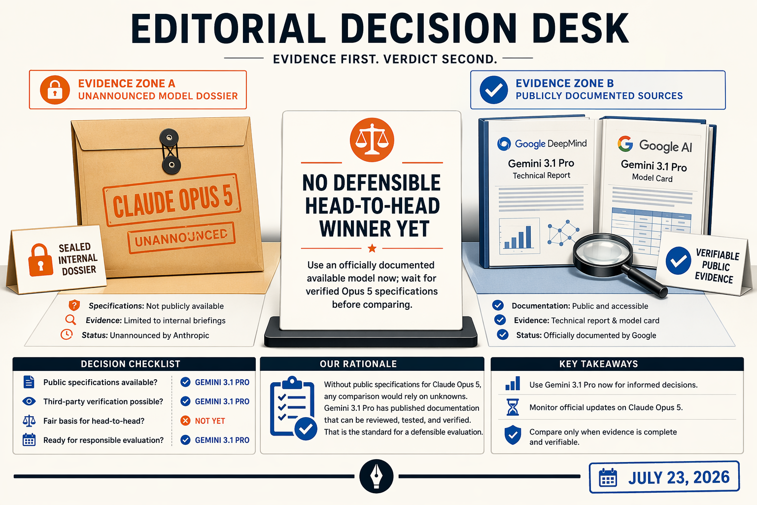 An editorial decision desk divided into two clearly defined evidence zones