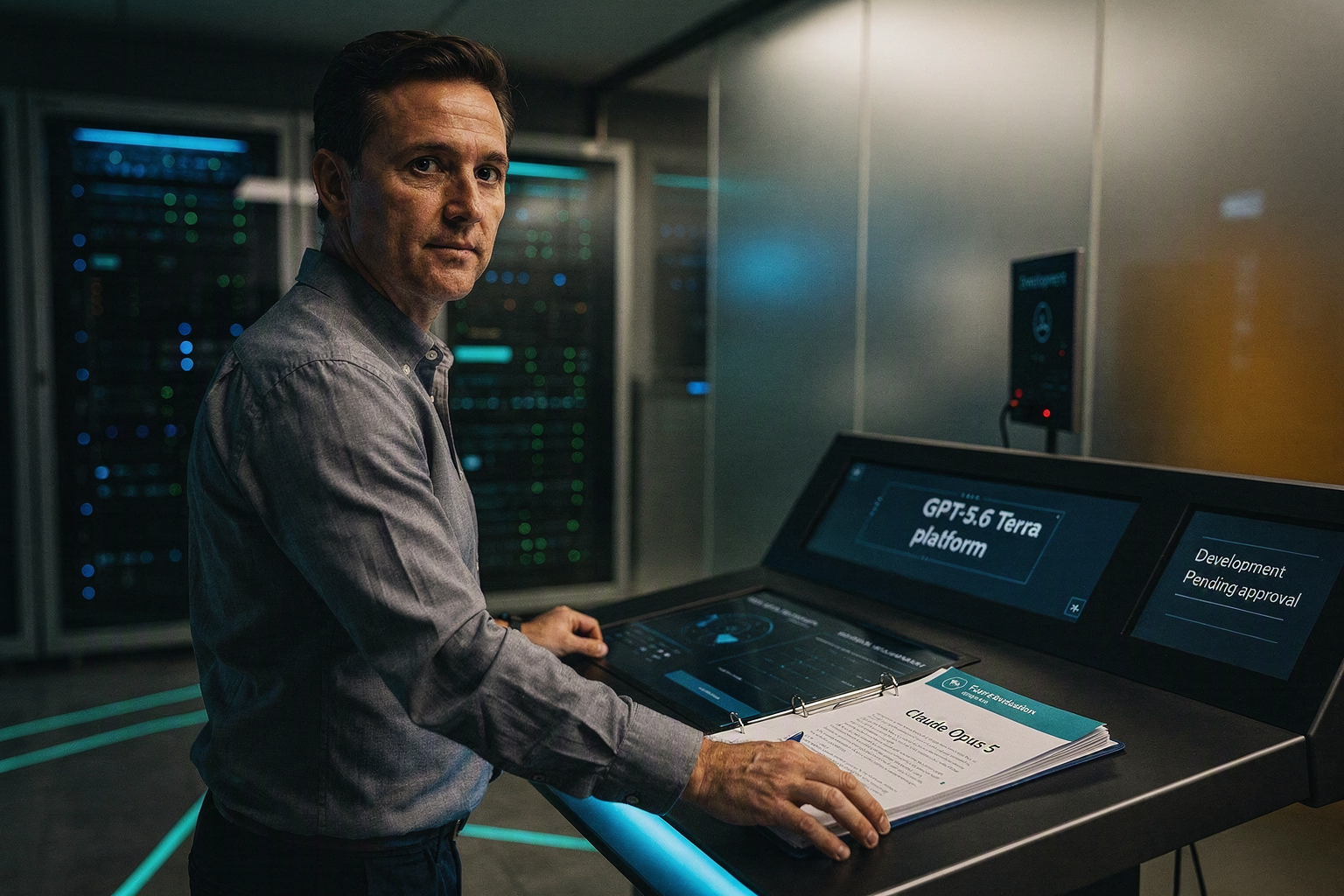 A decisive two-path enterprise technology scene in a modern command room