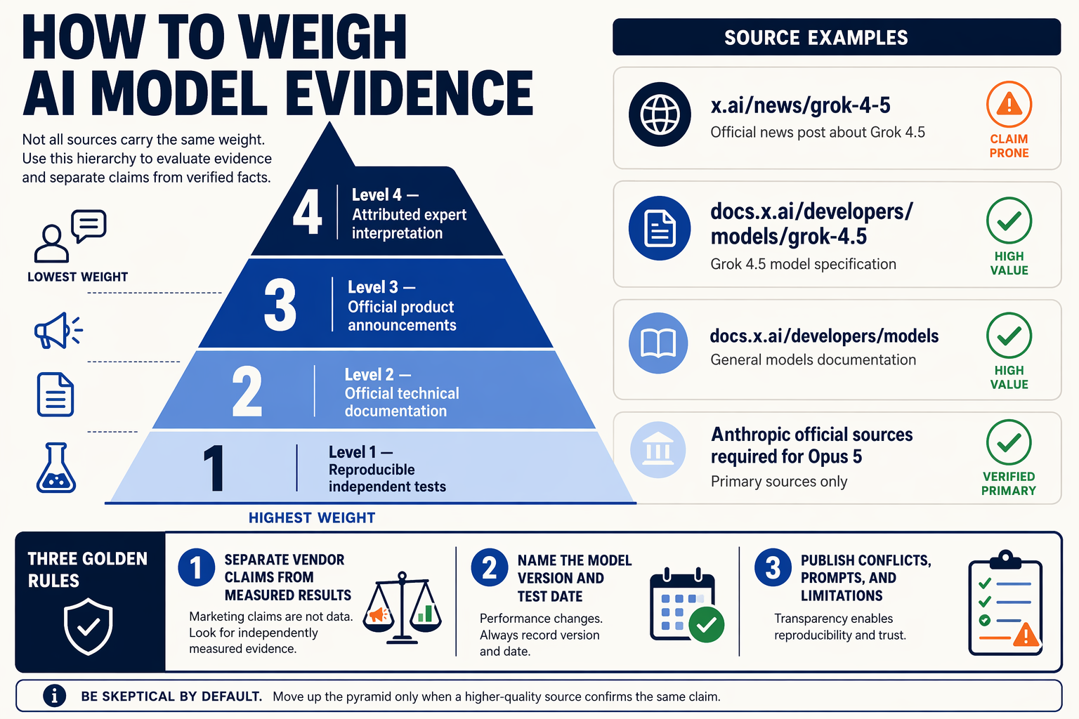 A source-hierarchy pyramid titled HOW TO WEIGH AI MODEL EVIDENCE with four ascending levels: Level 1 — Reproducible