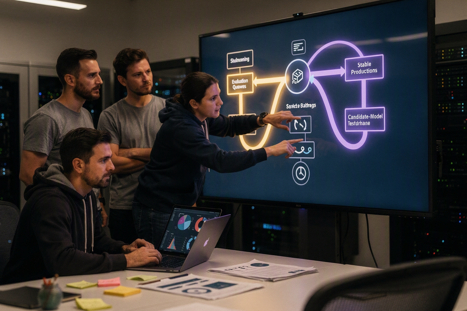 A platform engineering team gathered around a large deployment architecture display in a modern operations room during