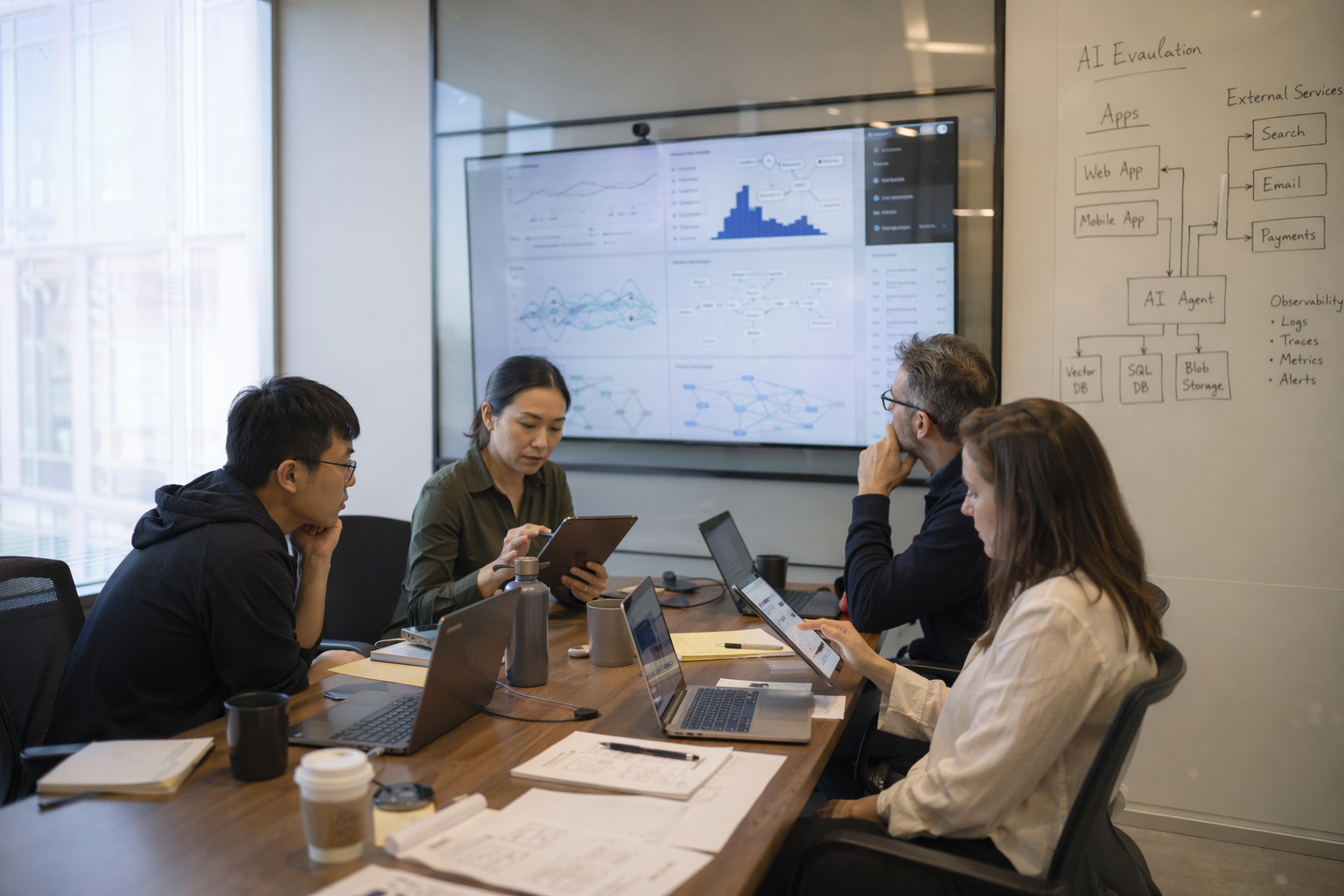 A documentary-style photo scene of a cross-functional AI evaluation meeting in a glass-walled conference room, with a