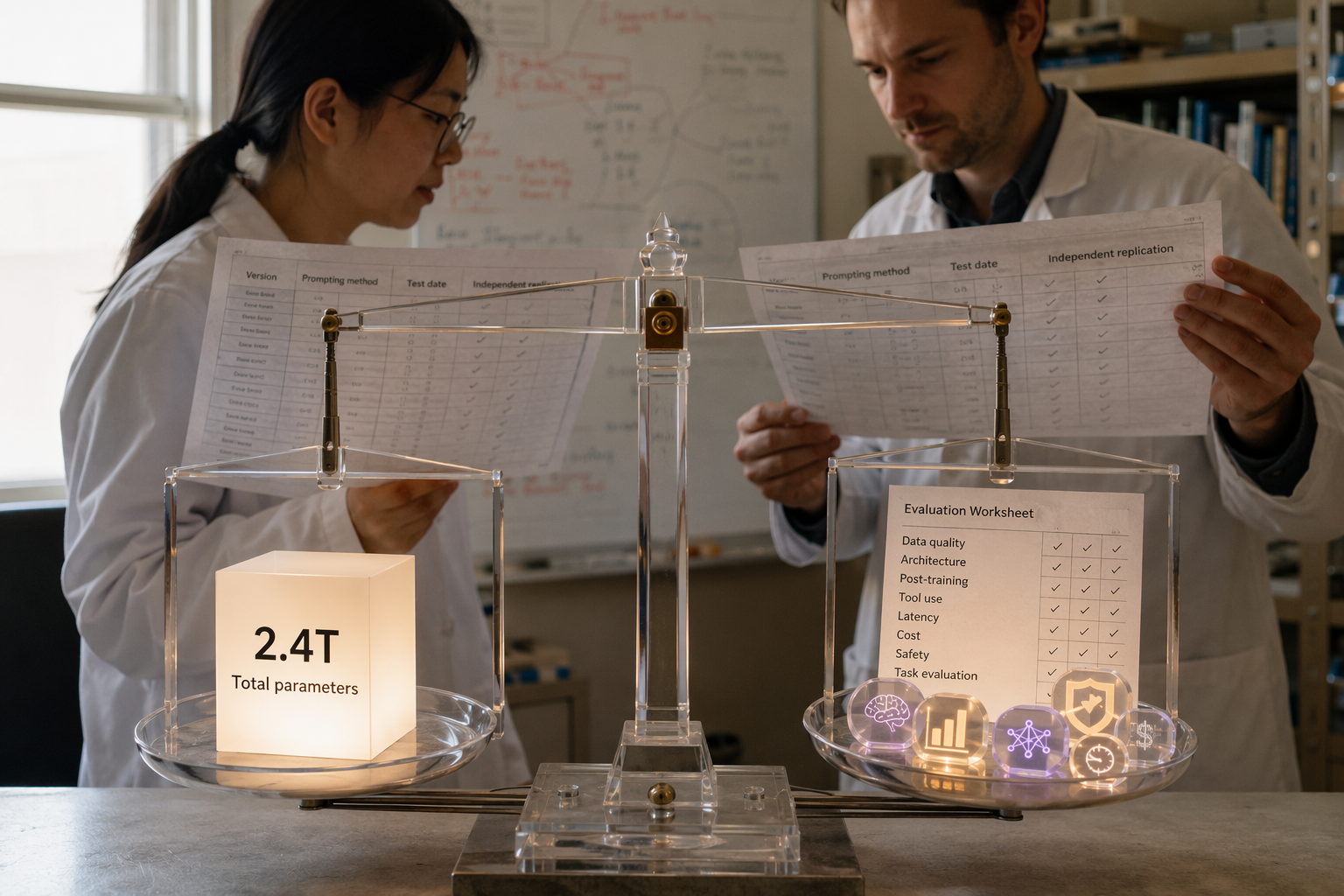 A richly detailed research-lab scene centered on a giant transparent balance scale