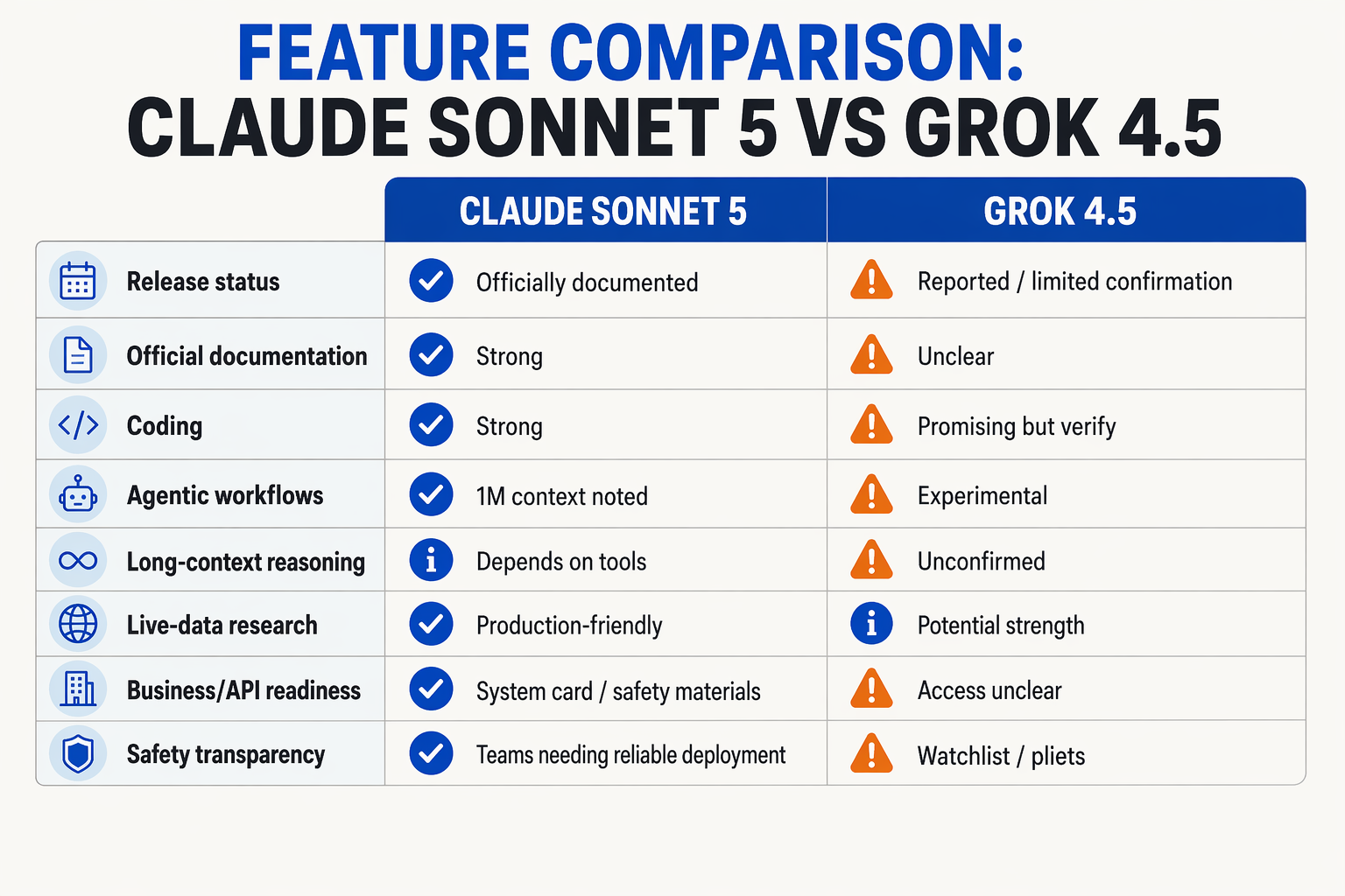Create a detailed comparison matrix infographic titled Feature Comparison: Claude Sonnet 5 vs Grok 4.5