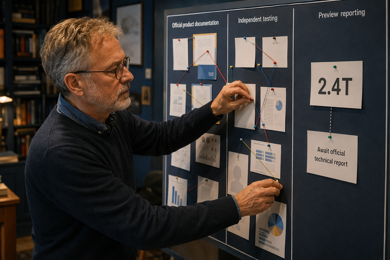 An editorial fact-checking studio with a large illuminated evidence board divided into three vertical lanes