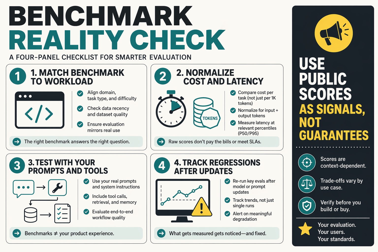 An infographic titled Benchmark Reality Check built as a four-panel checklist