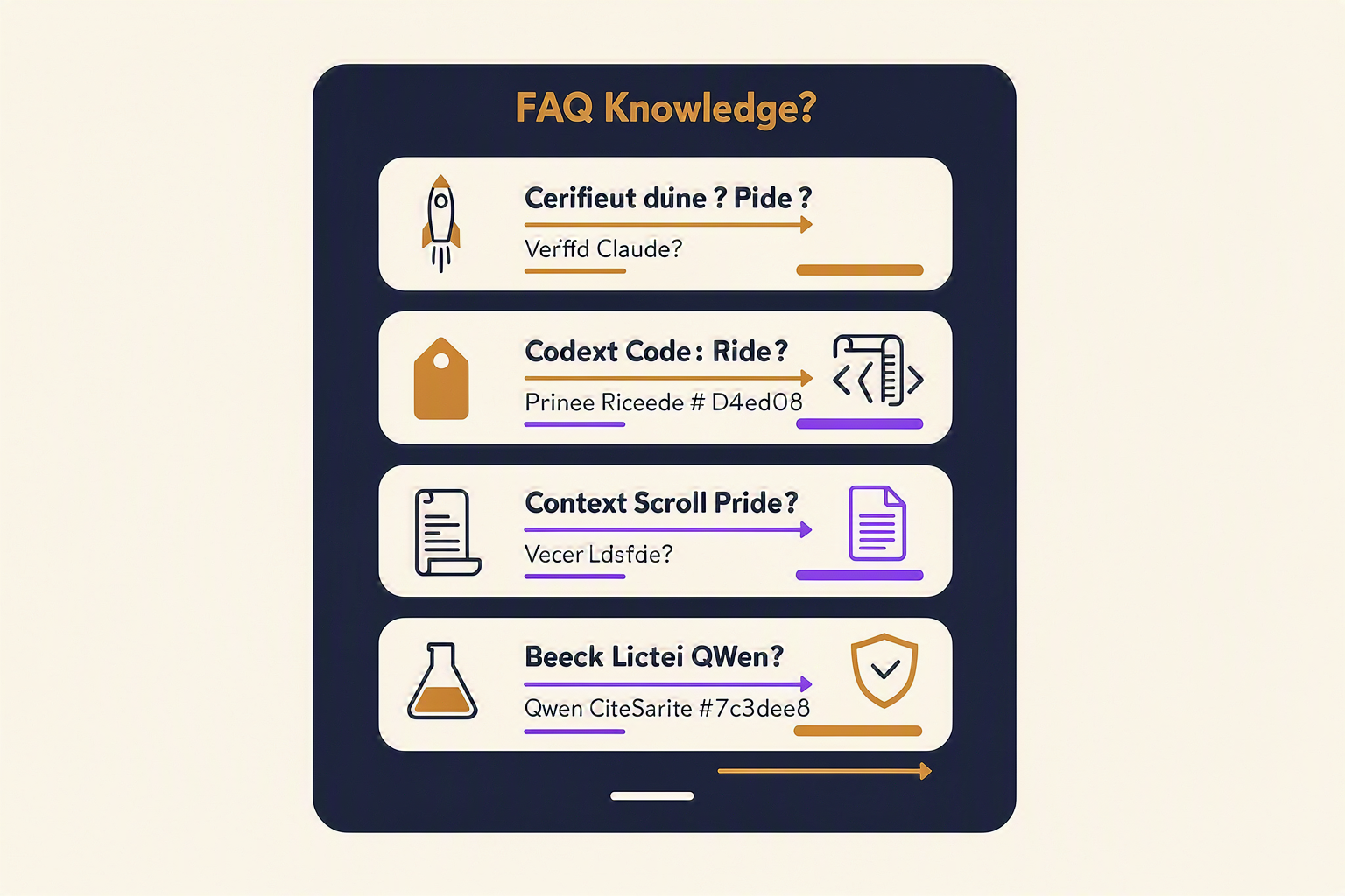 A polished FAQ knowledge graphic presented as a vertical stack of six rounded cards on a calm midnight-blue background, each