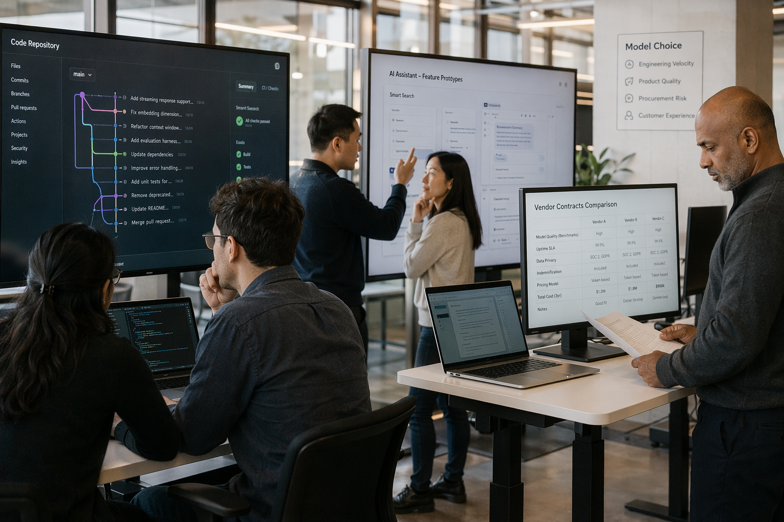 A photo-style scene showing three parallel work zones in a modern software company: one team pairing on code in front of a