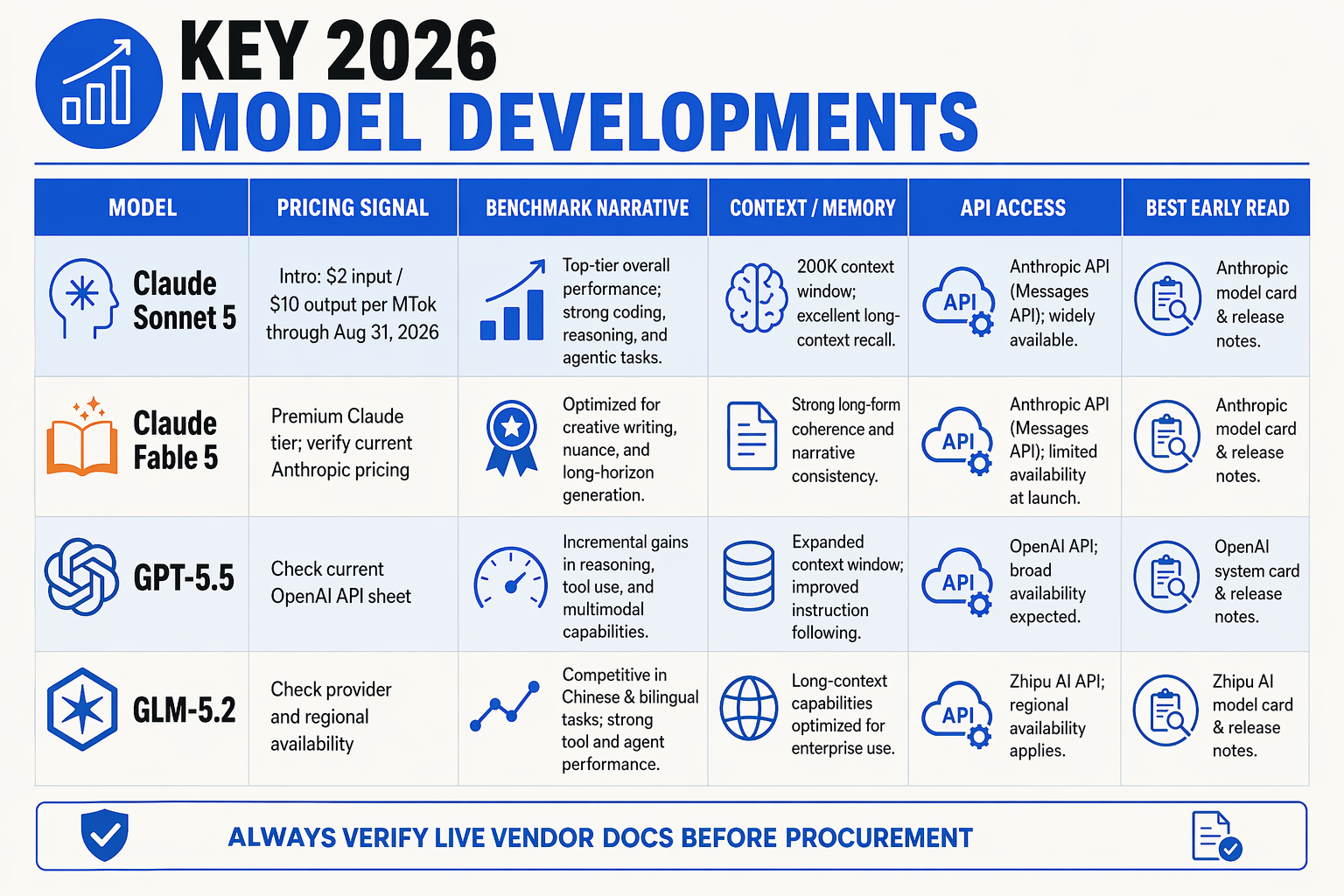 A detailed comparison table infographic titled Key 2026 Model Developments with columns labeled Model, Pricing Signal,