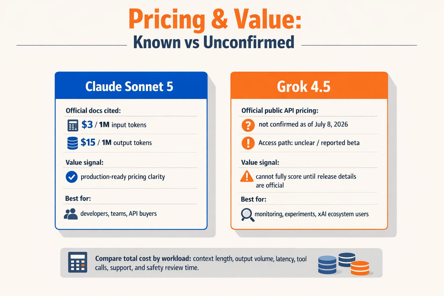 Design a pricing and value comparison infographic titled Pricing & Value: Known vs Unconfirmed