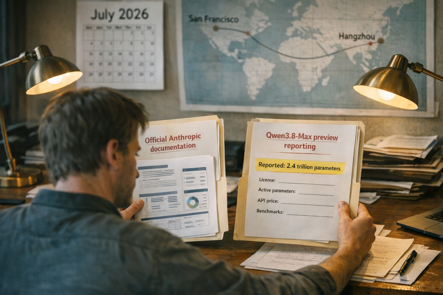 An investigative AI newsroom scene with a researcher at a long desk comparing two source folders under warm focused desk