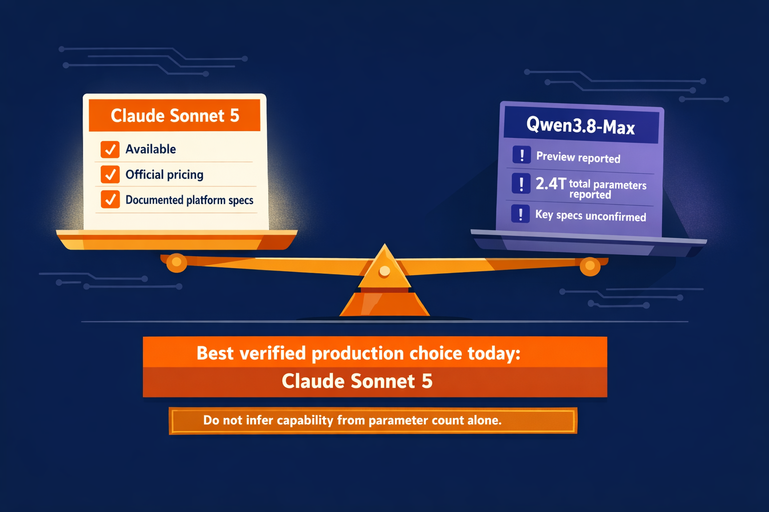 A clean editorial comparison graphic built around a balanced decision scale on a dark navy background