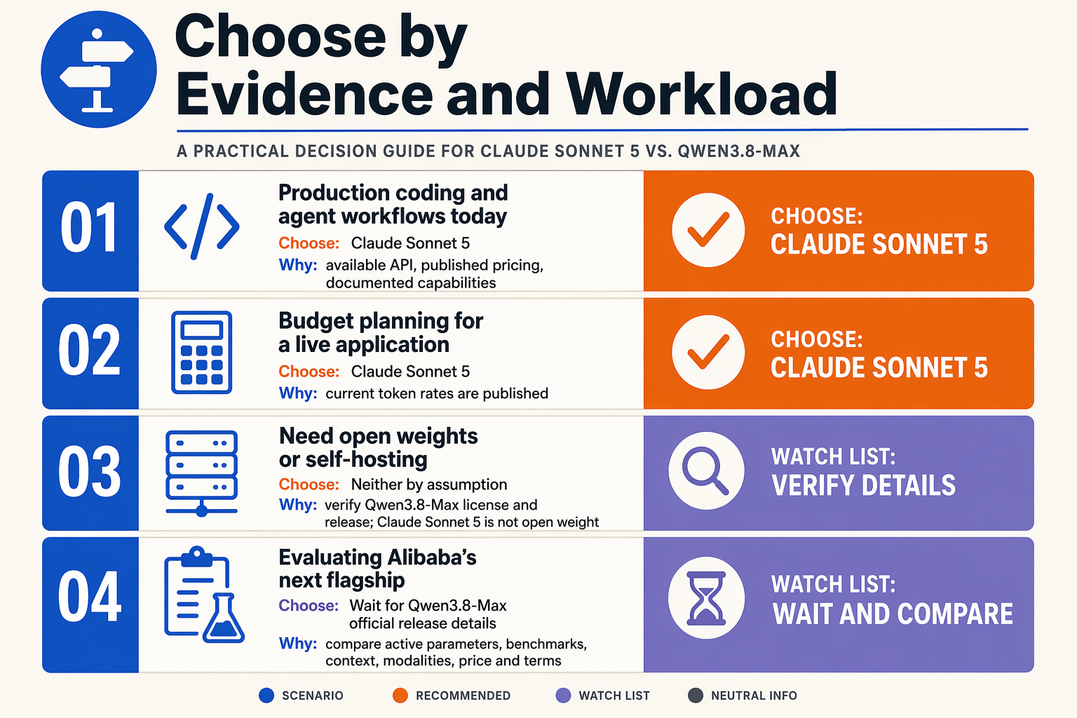 A decision-guide infographic titled Choose by Evidence and Workload using four horizontal scenario cards, each with a