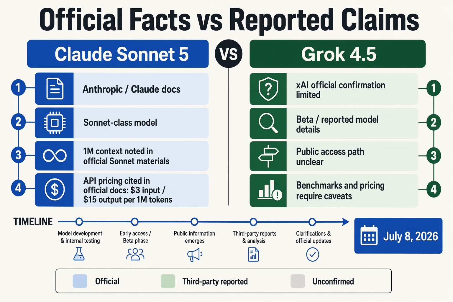 Design a credibility timeline infographic titled Official Facts vs Reported Claims with a horizontal date axis ending at