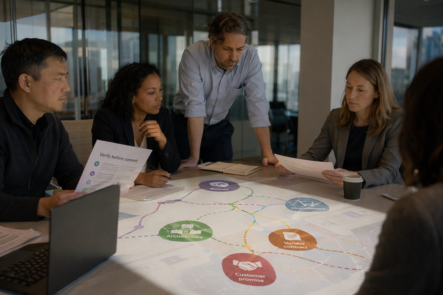 A strategic planning meeting in a glass-walled enterprise conference room, where a diverse team examines a risk map