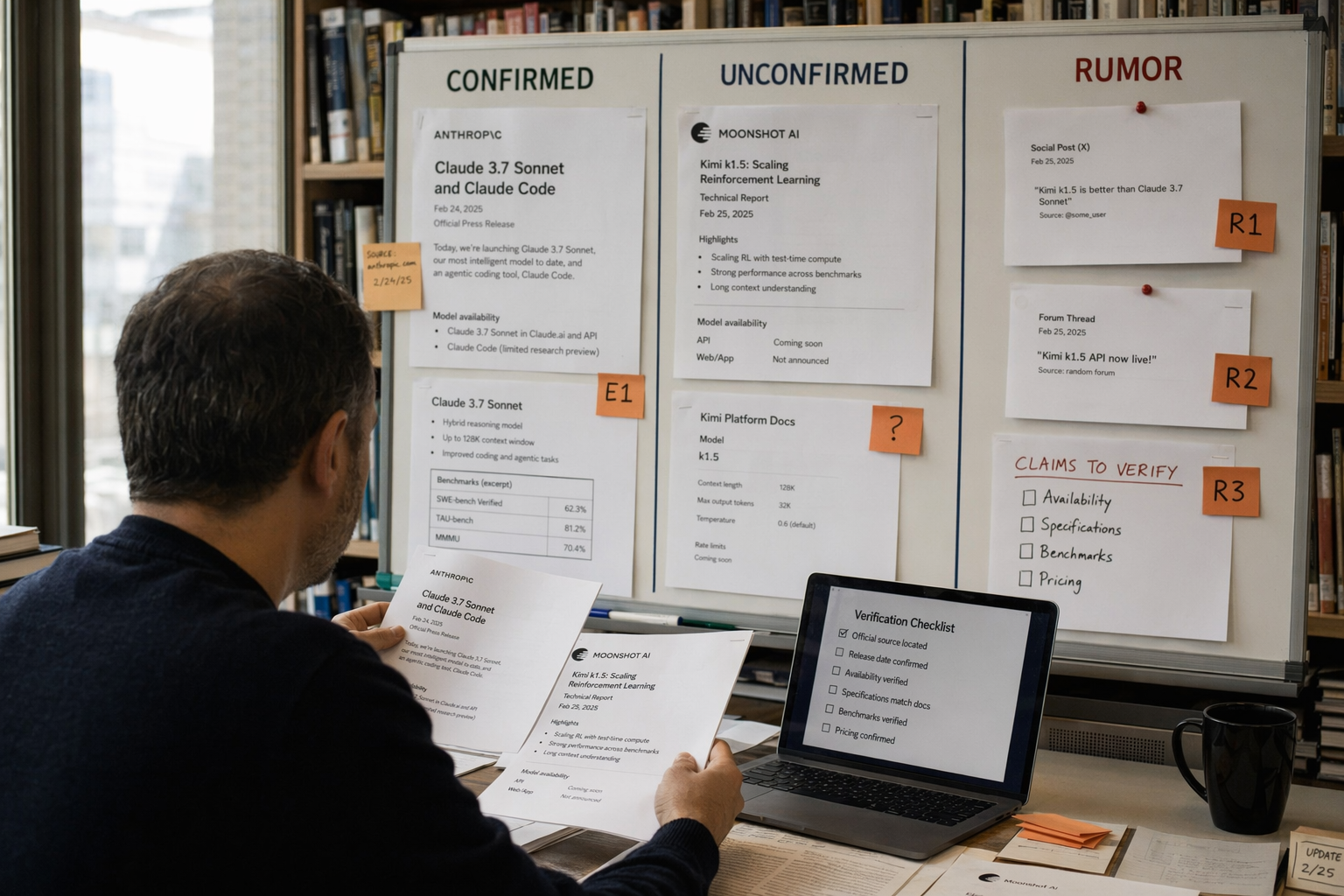 An editorial fact-checking scene centered on a large illuminated verification board in a modern research library