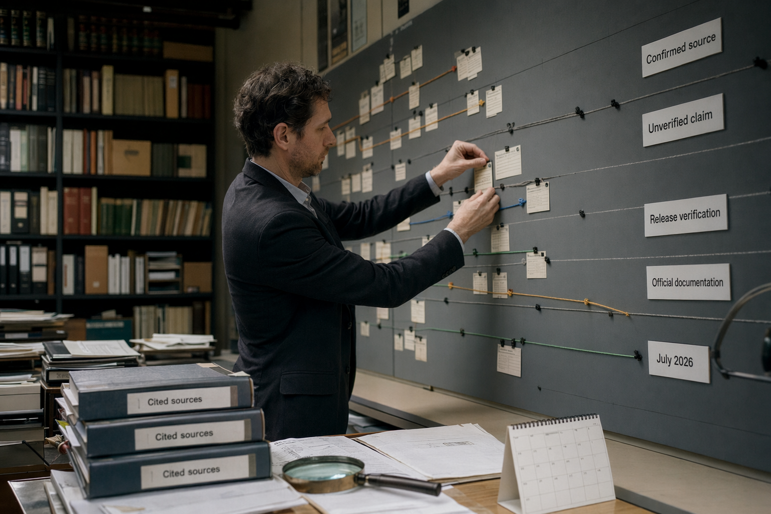 A chronological technology-history scene inside a quiet archive room, with a long horizontal wall timeline made from glowing