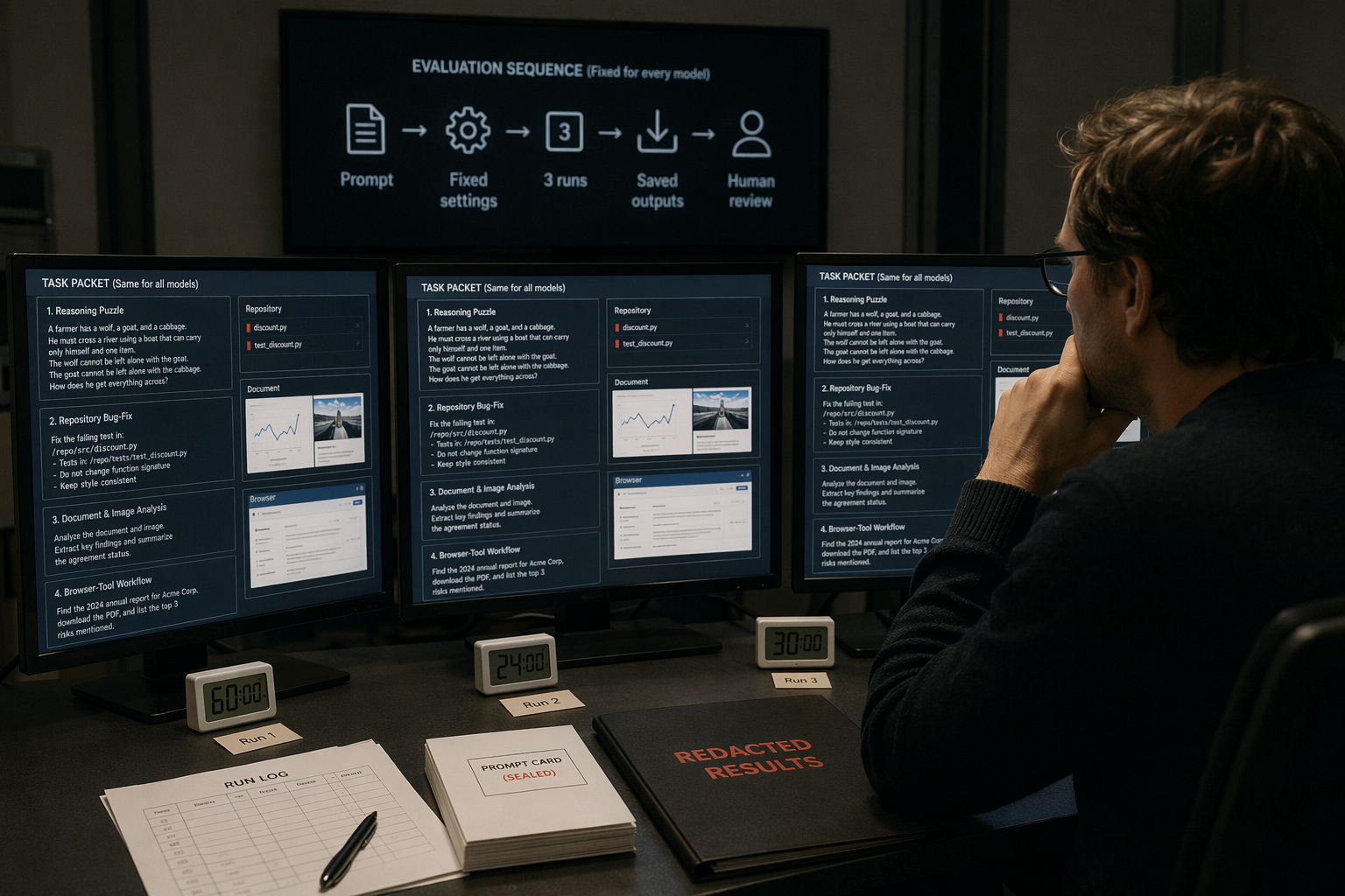 A practical AI evaluation lab with three separate workstation screens arranged in a shallow arc around a central evaluator’s