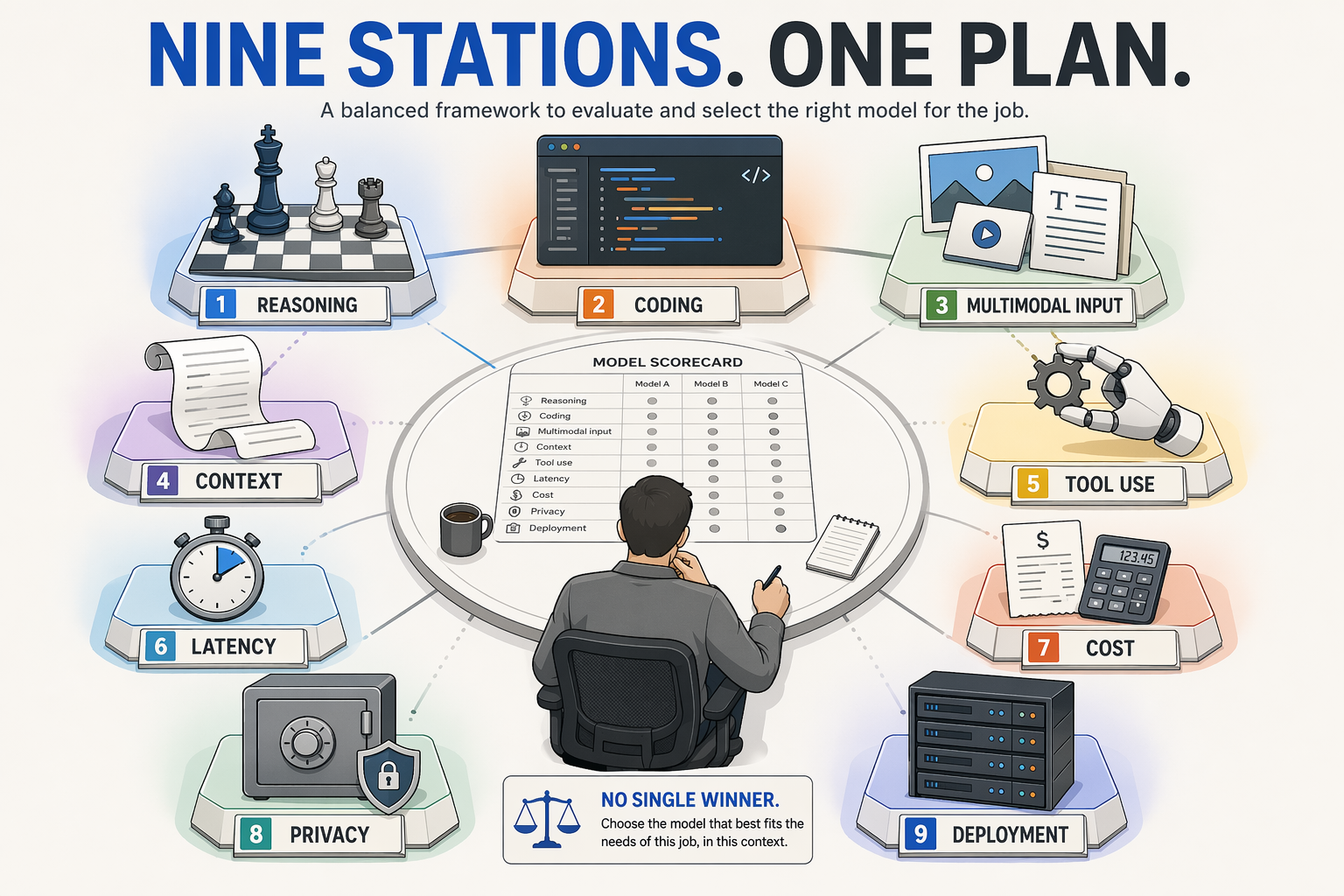 A bright operations studio divided into nine visually distinct workflow stations around a circular central planning table