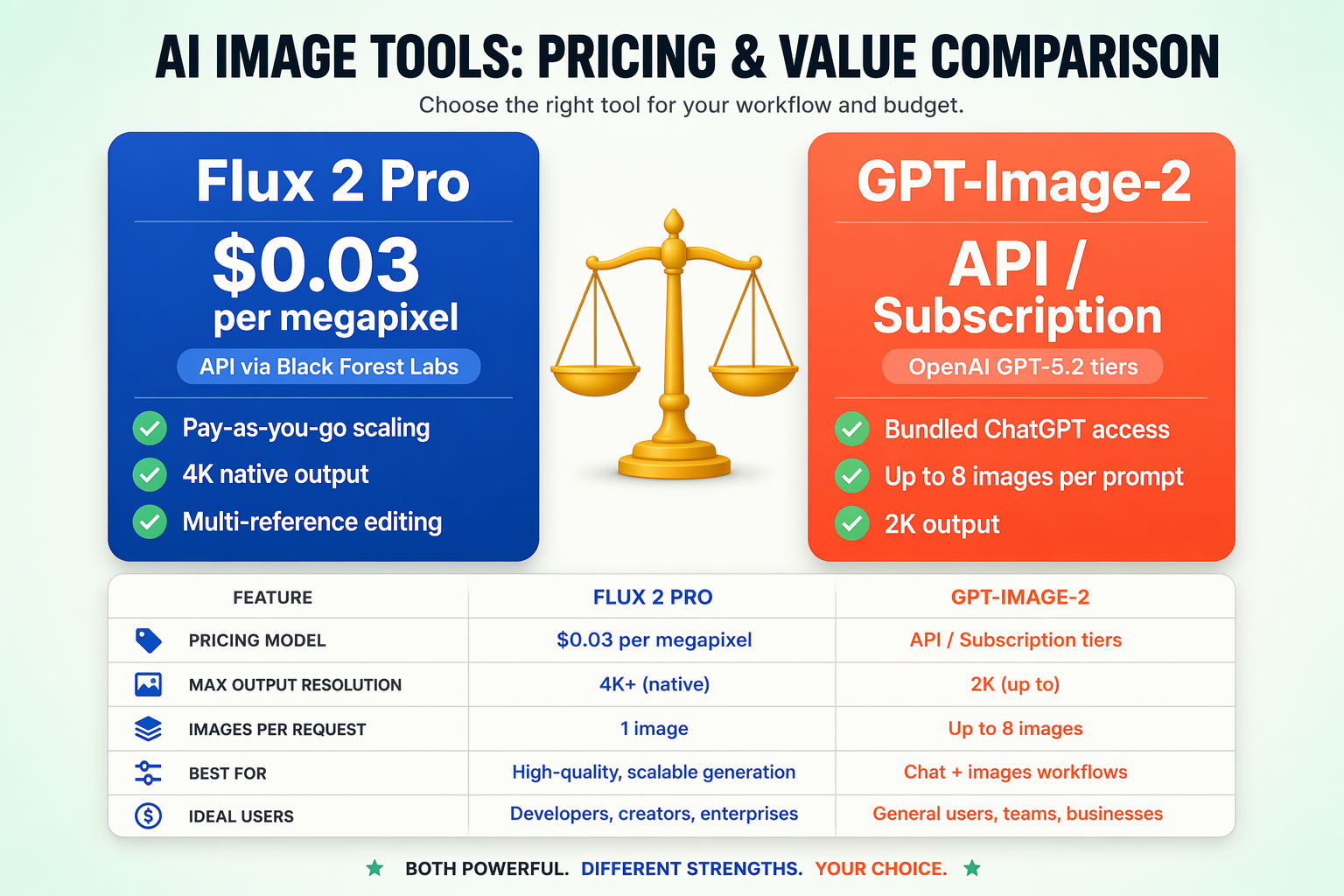 A pricing and value comparison table infographic for AI image tools