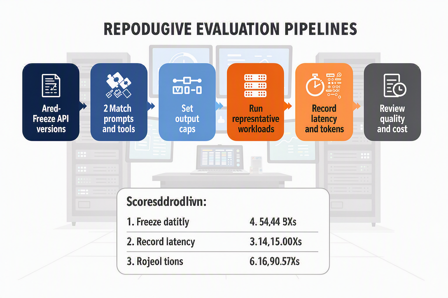 A six-step reproducible evaluation pipeline shown as a horizontal flow across a data-center control room illustration