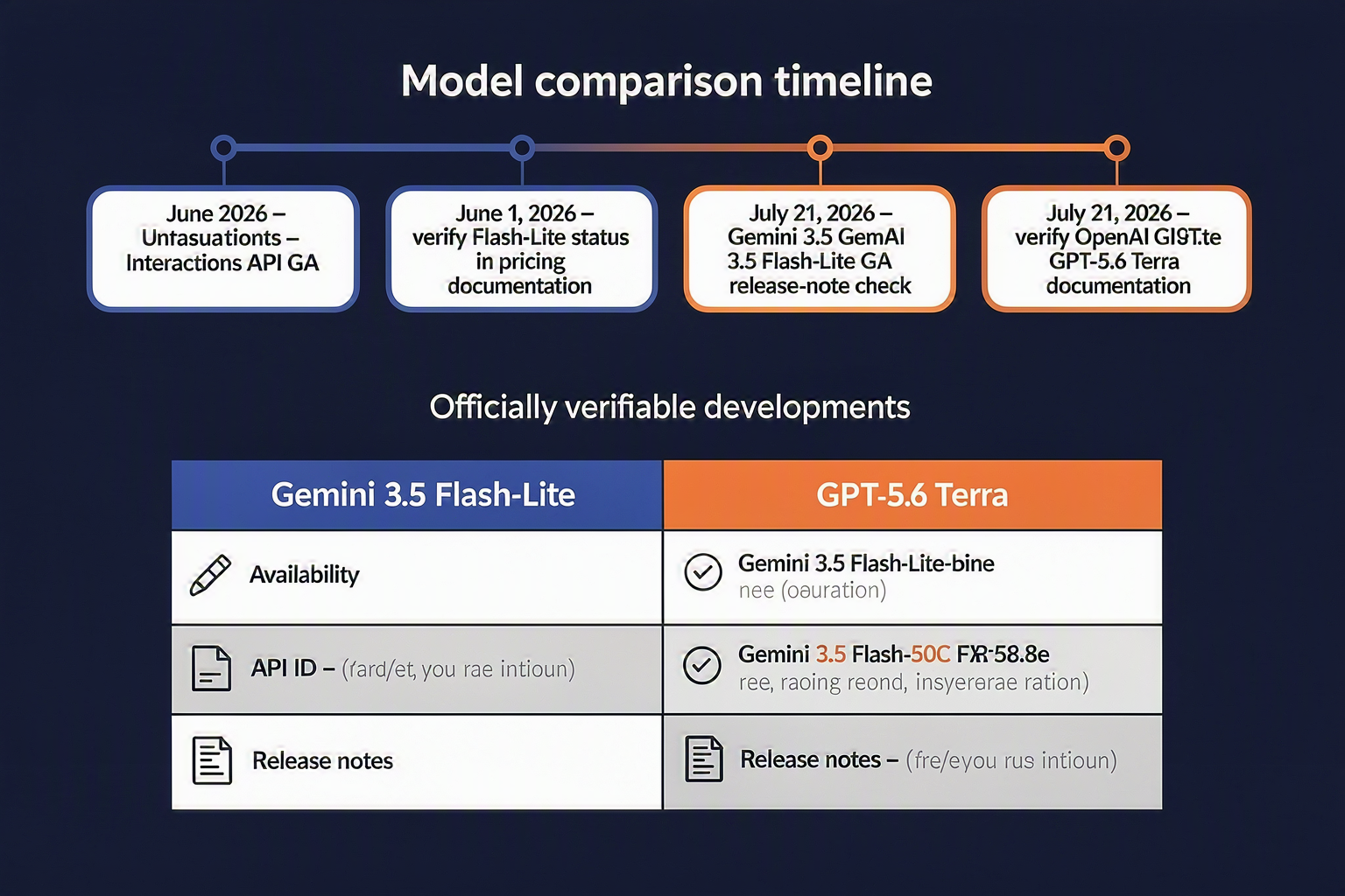 A polished timeline-table infographic on a dark navy background with a horizontal line labeled Model comparison timeline