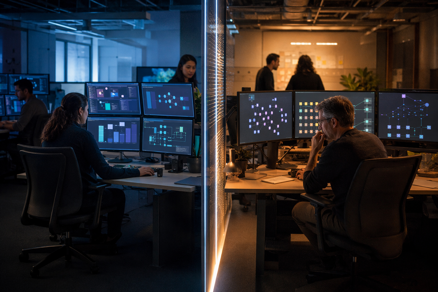 A wide editorial scene showing two contrasting AI work environments connected by a glowing data corridor