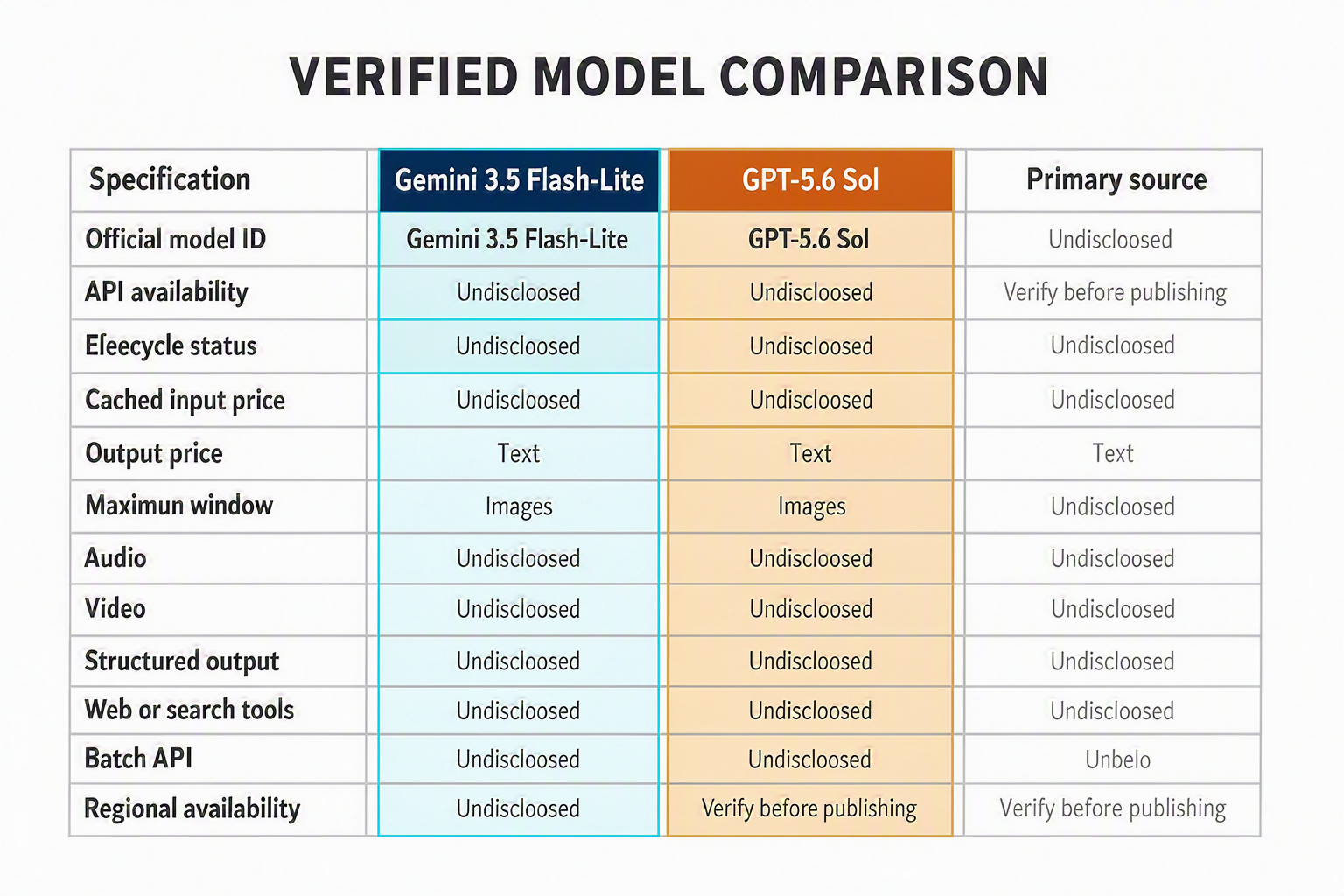 A detailed side-by-side specification matrix titled VERIFIED MODEL COMPARISON with columns labeled Specification, Gemini 3.5