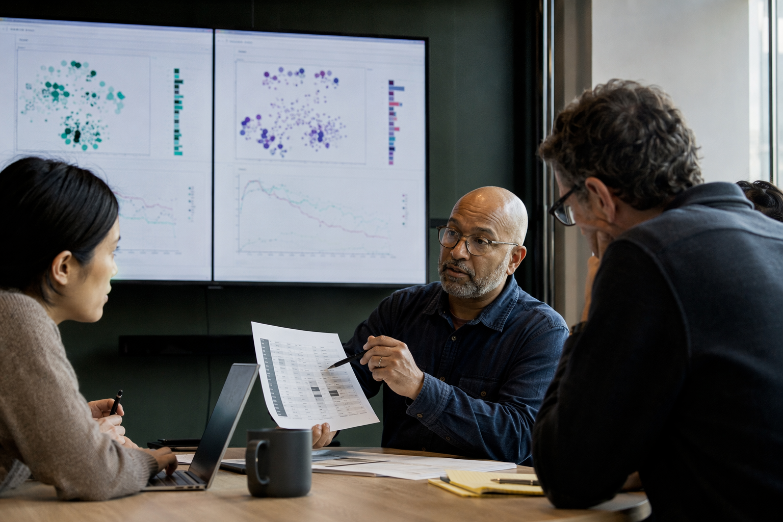 A modern procurement review meeting in a glass-walled conference room during late afternoon