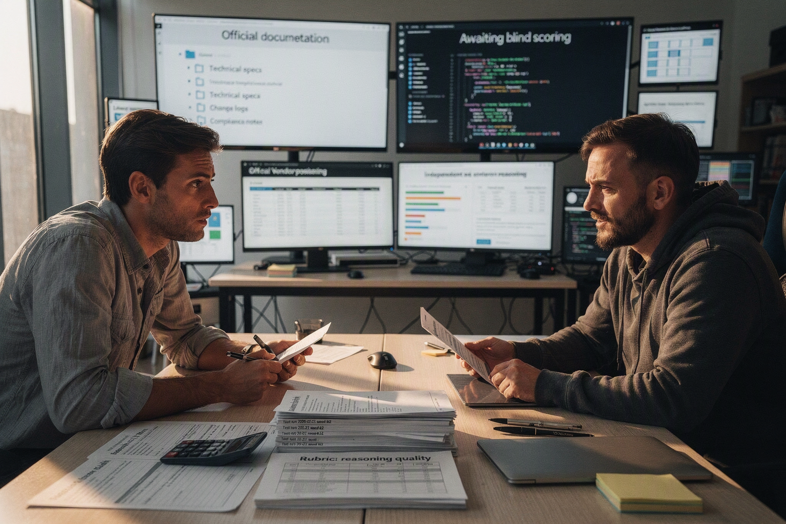 Inside a modern independent AI evaluation lab, two researchers review primary documentation, benchmark traces and model